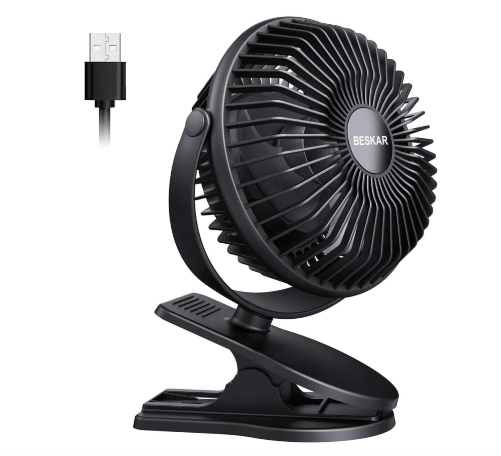BESKAR product image of an all-black clip-on fan.