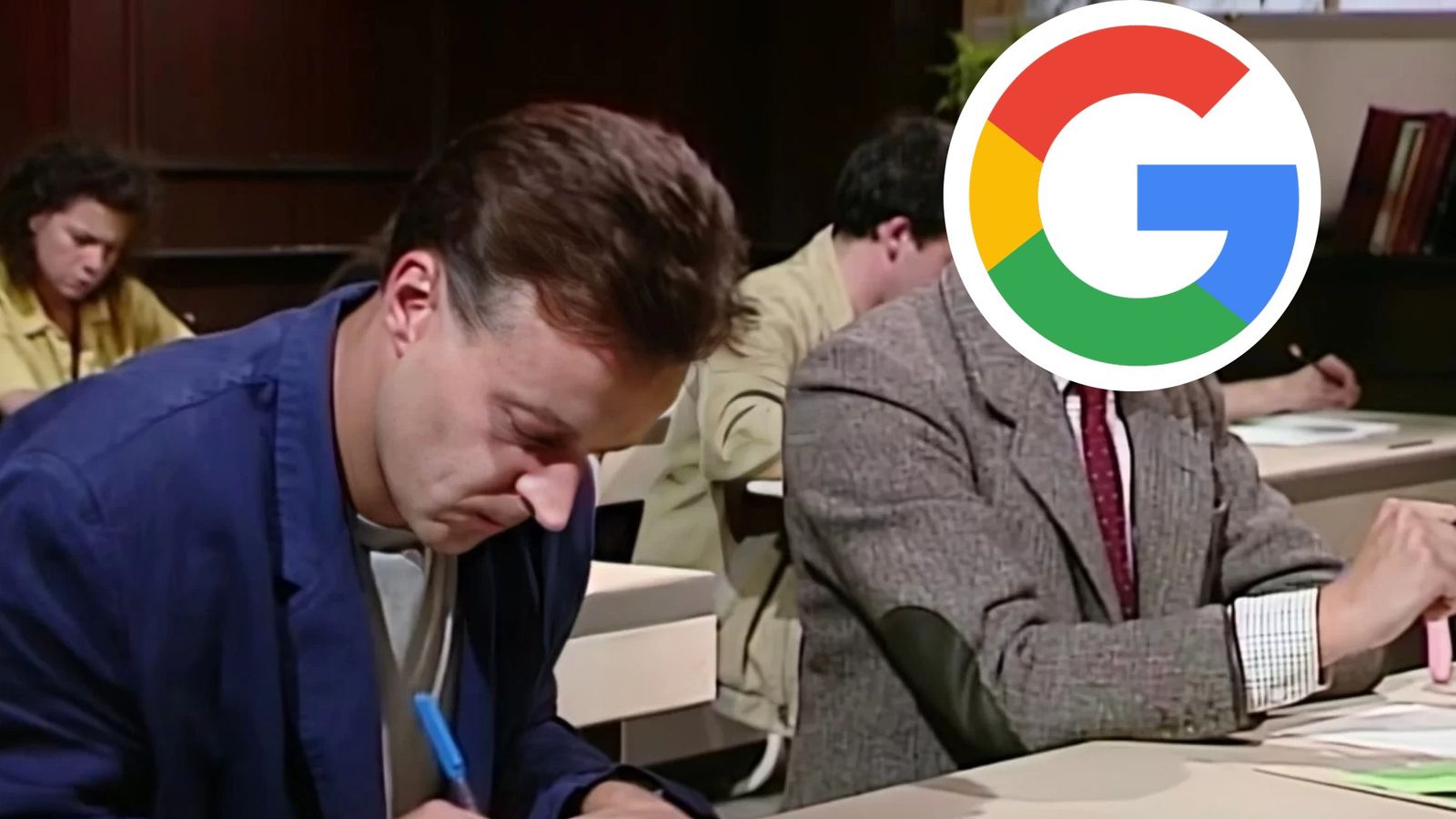 Mr Bean's head replaced with the Google logo looking over at someone else's work