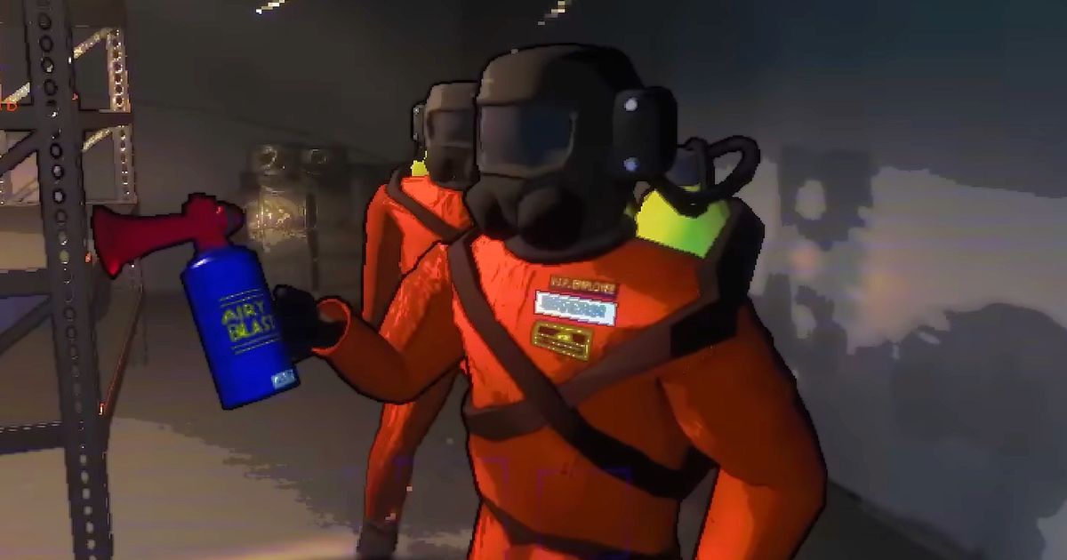 Lethal Company - two astronauts in orange spacesuits, with one holding a blue air horn