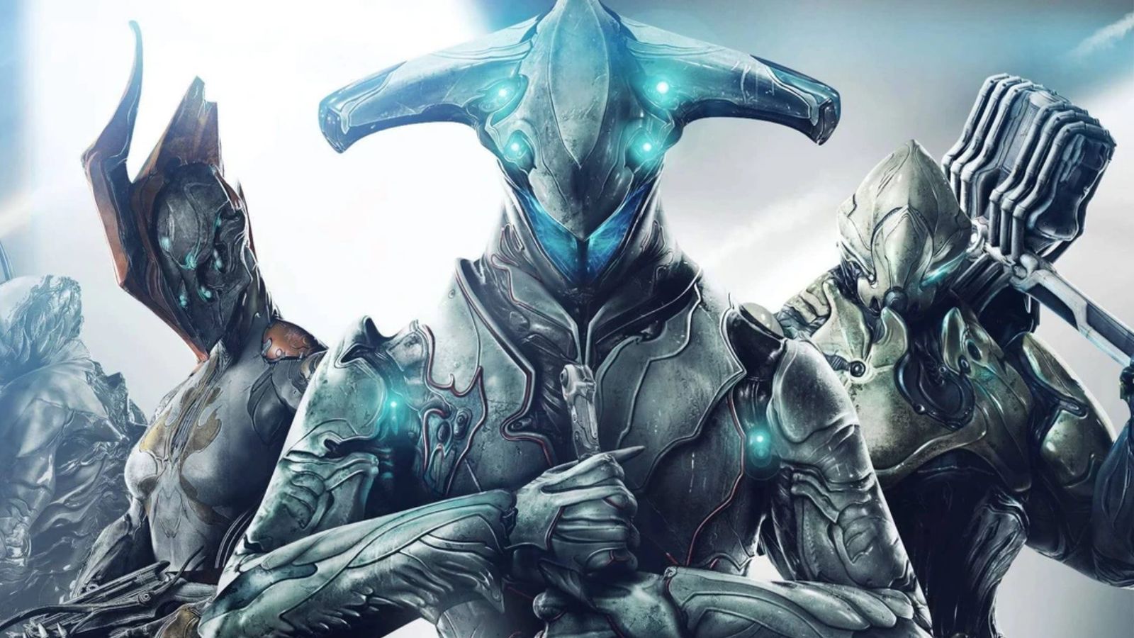 Three Tenno looking at the camera in a landscape shot of the sci-fi background 