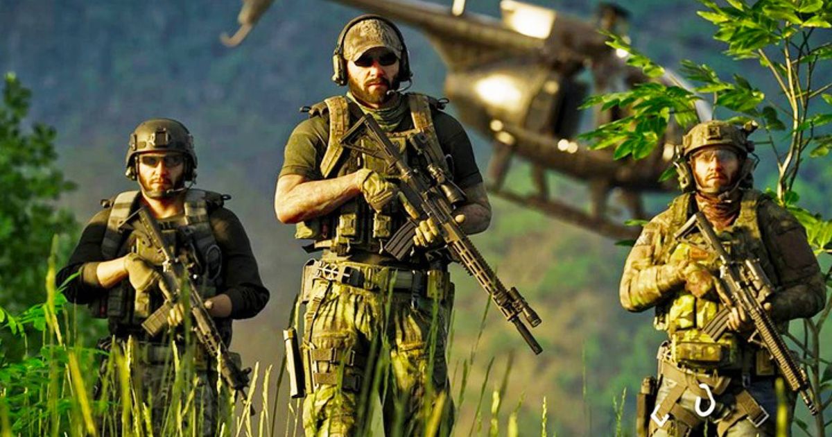 Three soldiers in camo gear carrying rifles with a helicopter in the background from Gray Zone Warfare.