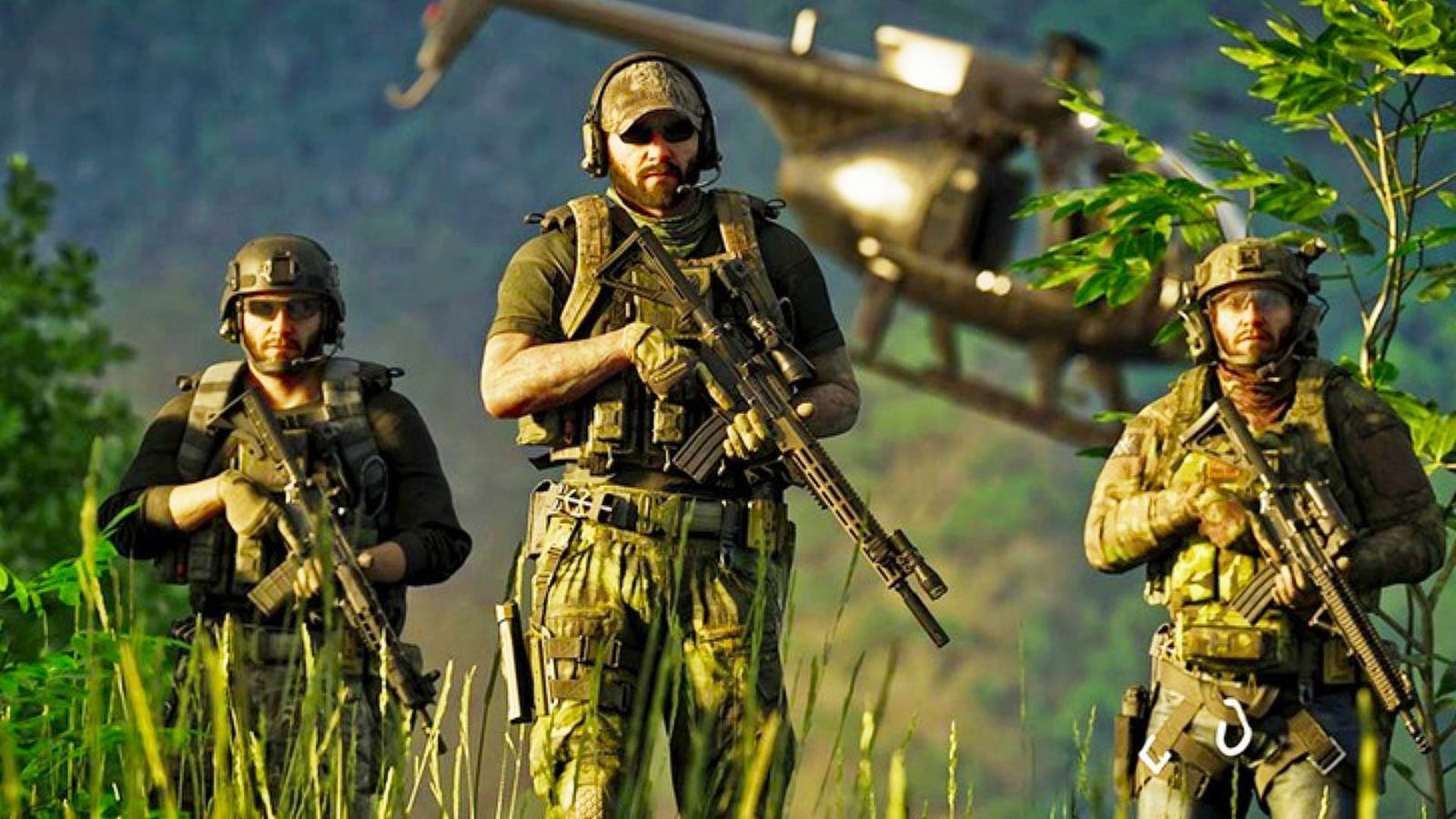 Three soldiers in camo gear carrying rifles with a helicopter in the background from Gray Zone Warfare.