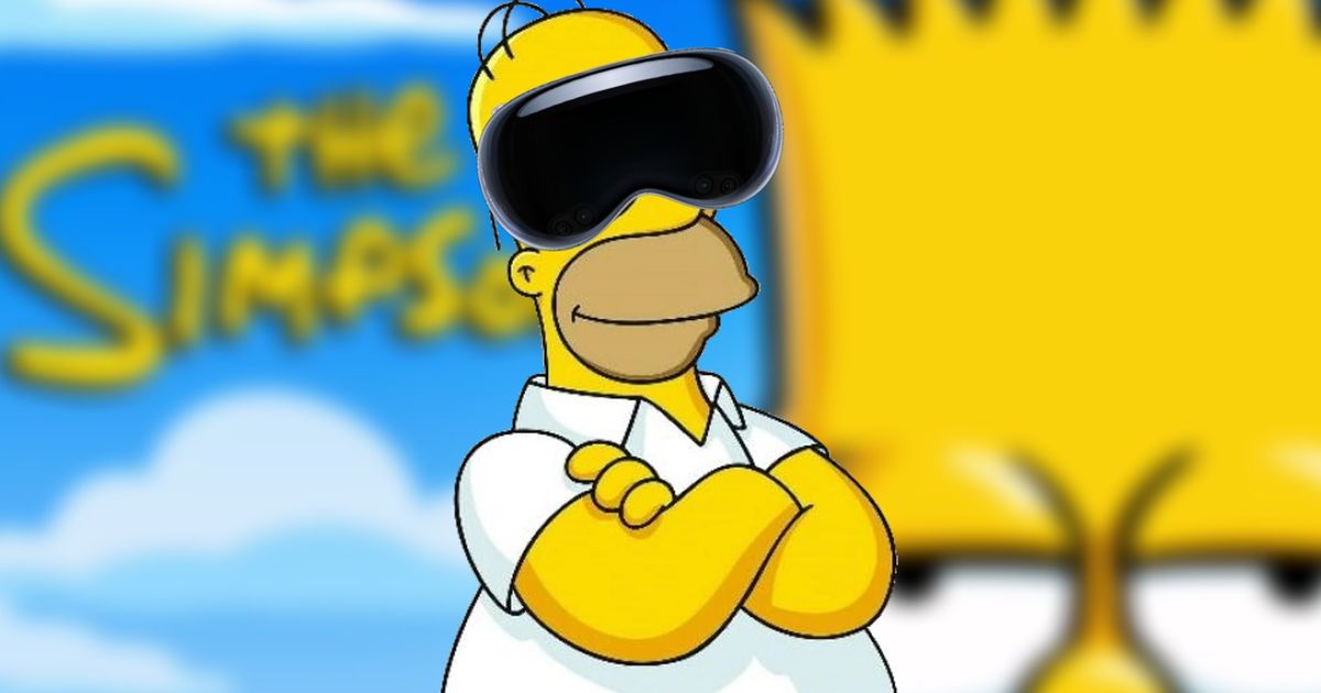 Homer Simpson wearing an Apple Vision Pro in front of a blurred Simpsons image