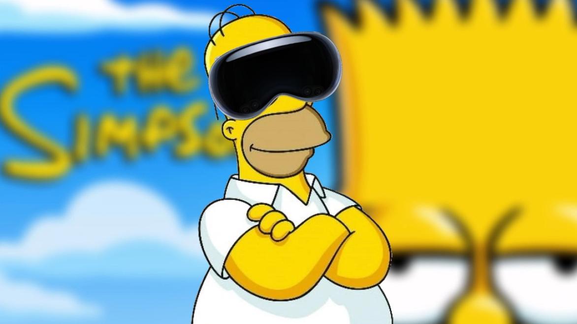 Homer Simpson wearing an Apple Vision Pro in front of a blurred Simpsons image