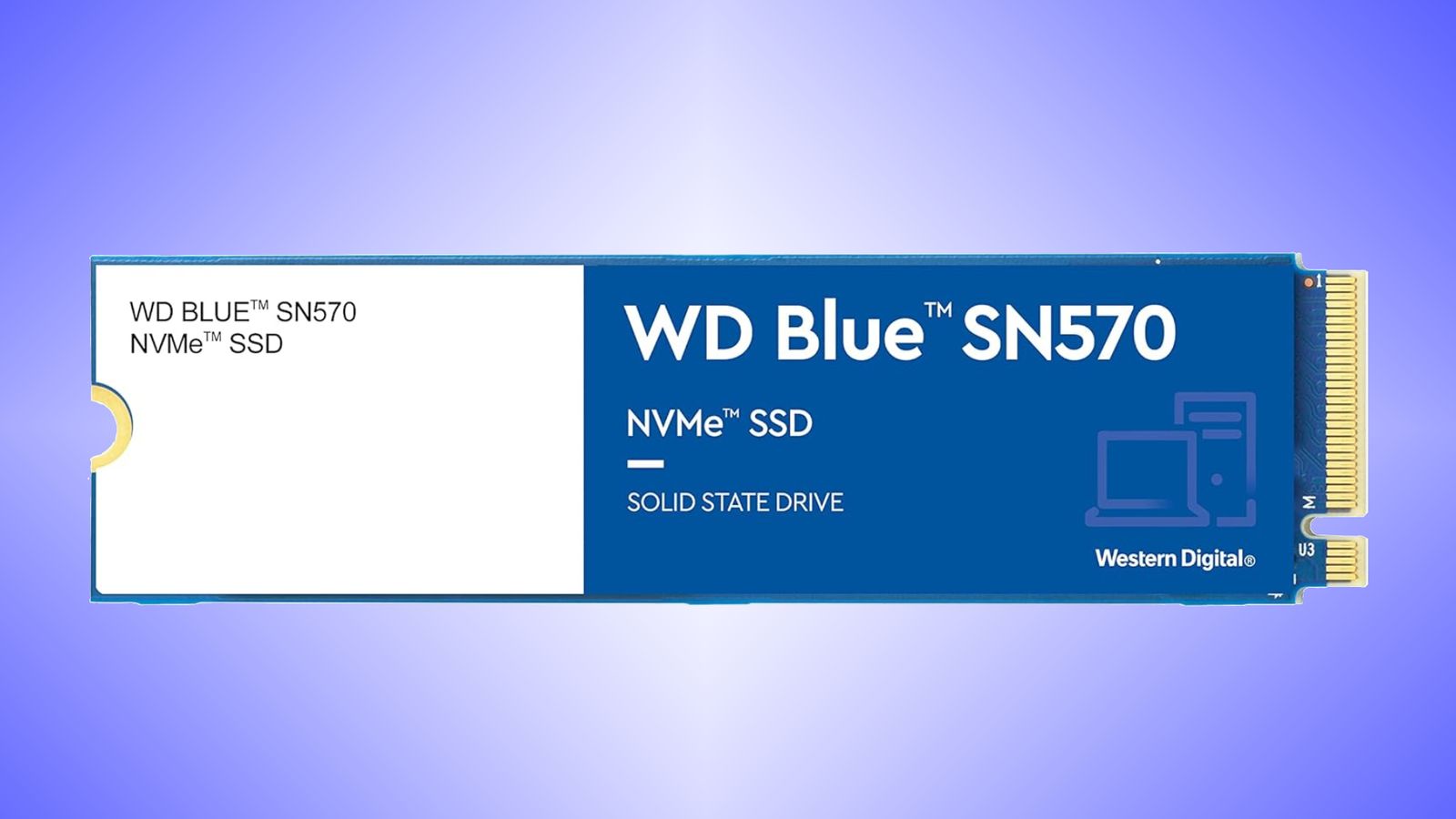 Western Digital Blue SN570 product image of a white and blue SSD featuring a gold connection end.