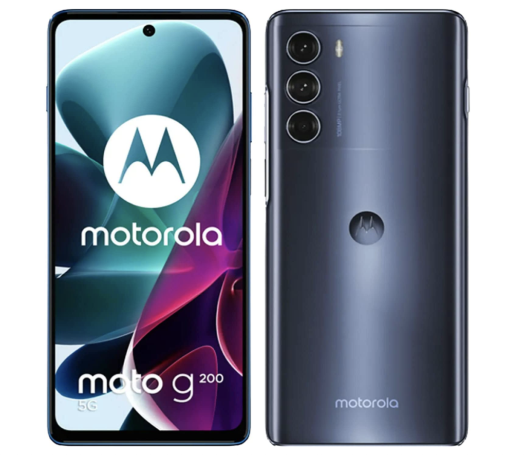 Motorola Moto G200 product image of a black and dark grey phone.