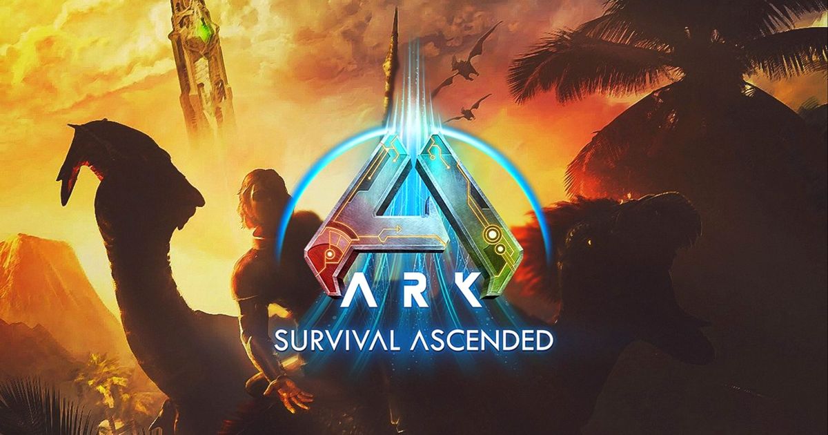 ARK survival ascended logo. A character sits on the back of a dinosaur in the background