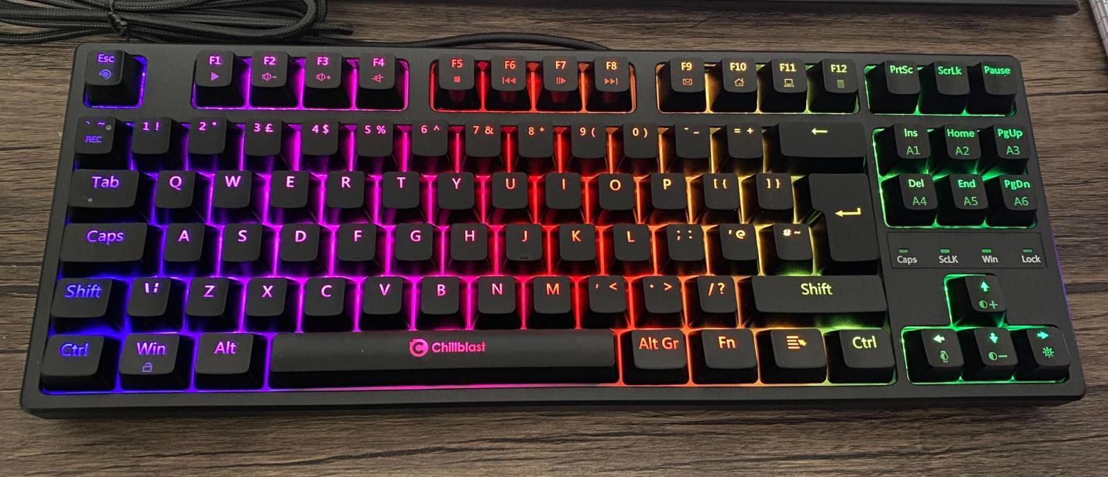 Image of the black Chillblast Imperium keyboard with multi-coloured backlit keys.