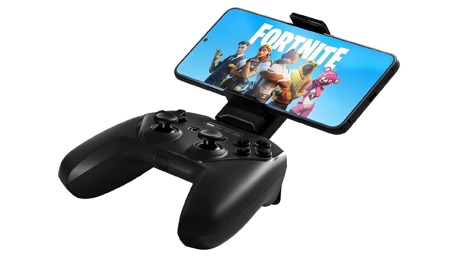 SteelSeries Stratus+ product image of a black controller connected to a phone with Fortnite mobile loaded up.