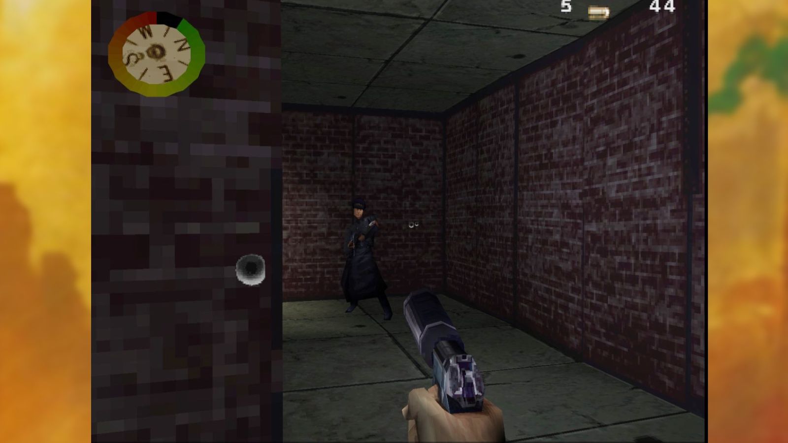 A Medal of Honor 1999 screenshot of a Gestapo soldier being shot by a silenced pistol 