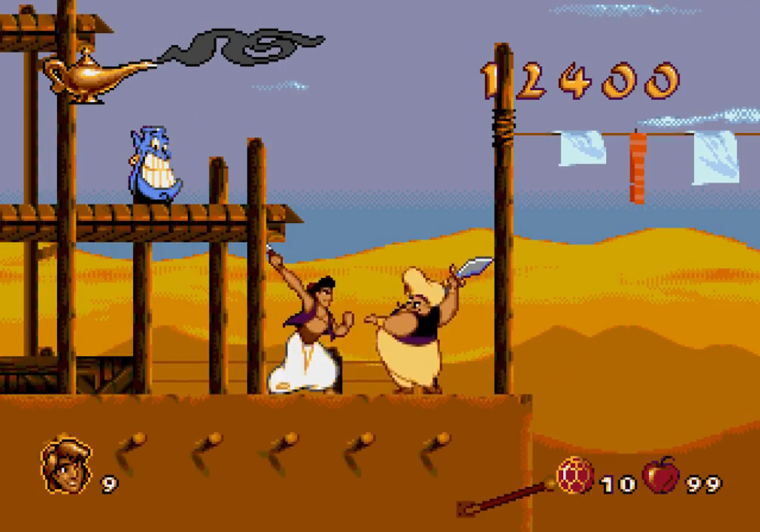 Aladdin fighting a guard in underwear