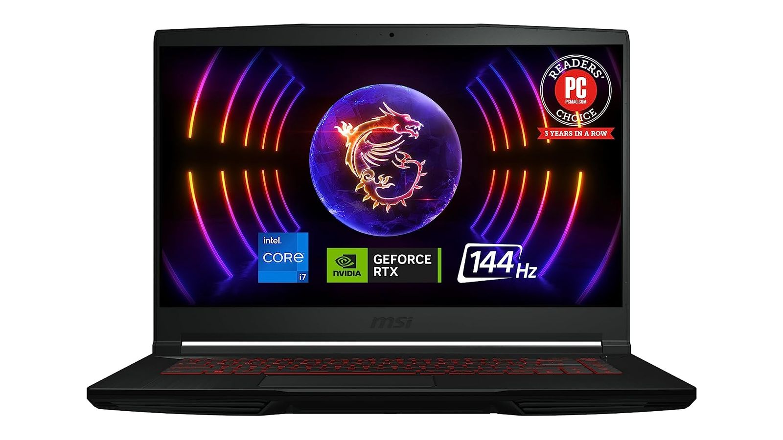 MSI Thin GF63 product image of a black laptop with red backlit keys and an orange dragon outline on the display.