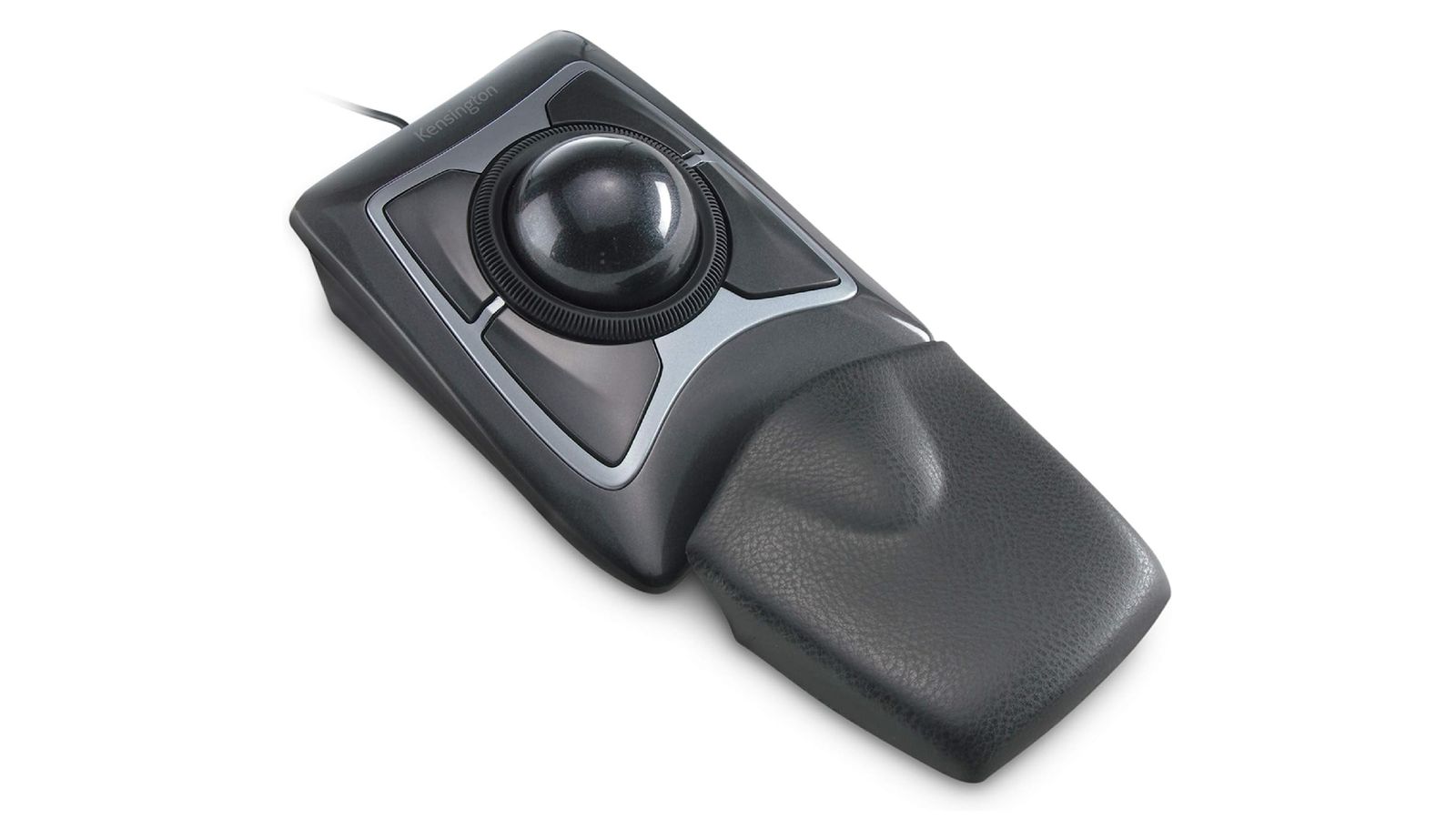 Kensington Expert Mouse product image of a dark grey, rectagular trackball mouse.