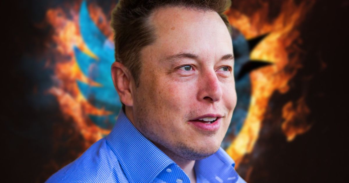 Elon Musk on top of a flaming Twitter logo