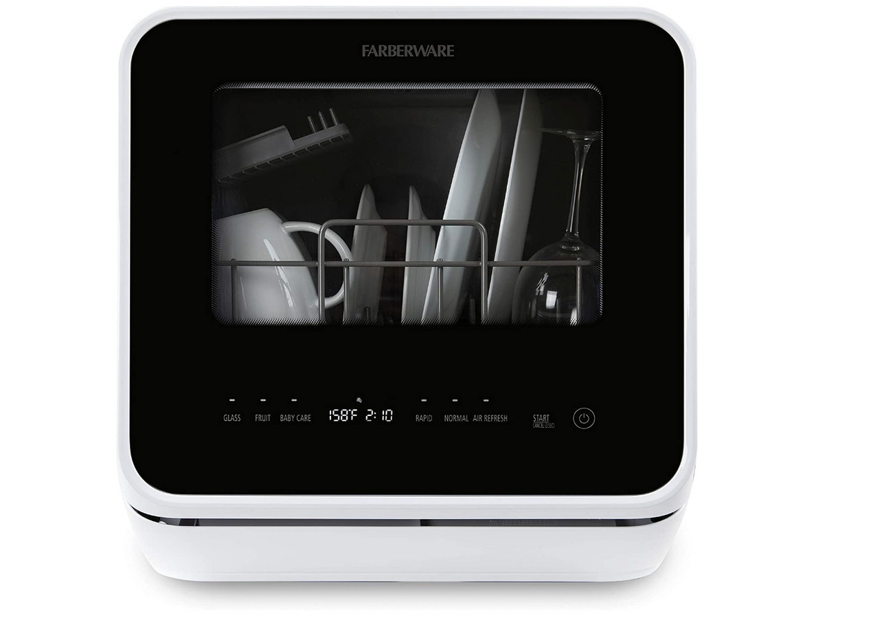 Farberware product image of a black and white countertop dishwasher with a clear front panel.