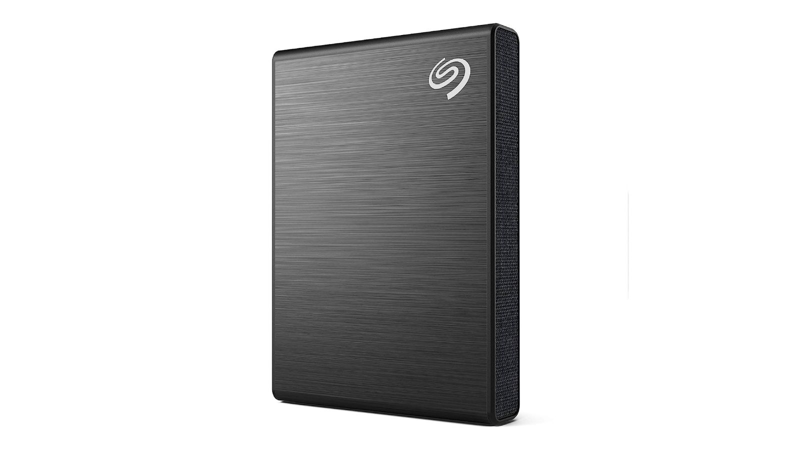 Seagate One Touch product image of an upright, rectangular, dark grey hard drive.