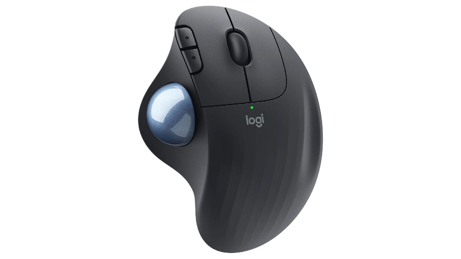 Logitech Ergo M575 product image of a graphite, curved mouse featuring a blue trackball on the left side.
