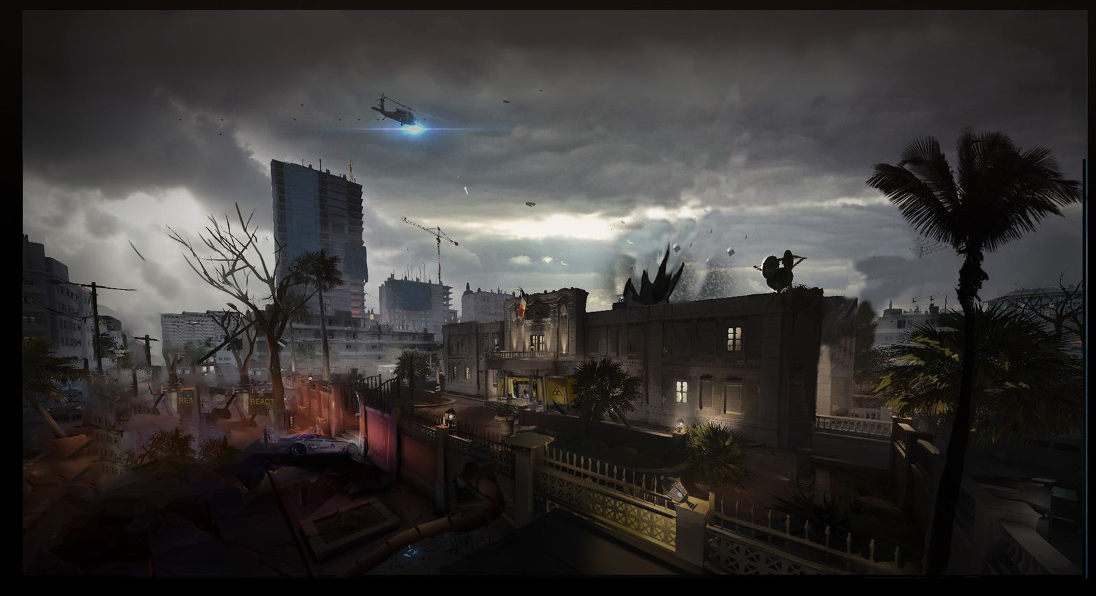 A helicopter flying over a city with dark clouds overhead. rainbow six error code 2-0x0000d00c