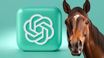 ChatGPT logo, displayed on a turquoise cube with rounded edges, next to a horse