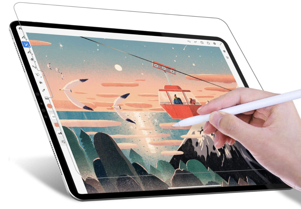 JETech Write Like Paper product image of someone using a white stylus on a tablet with a screen protector on it.