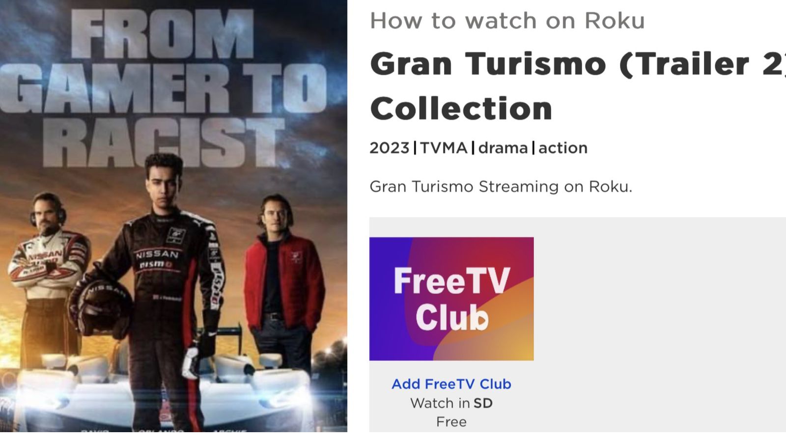 The racist Gran Turismo poster on a Roku store page 