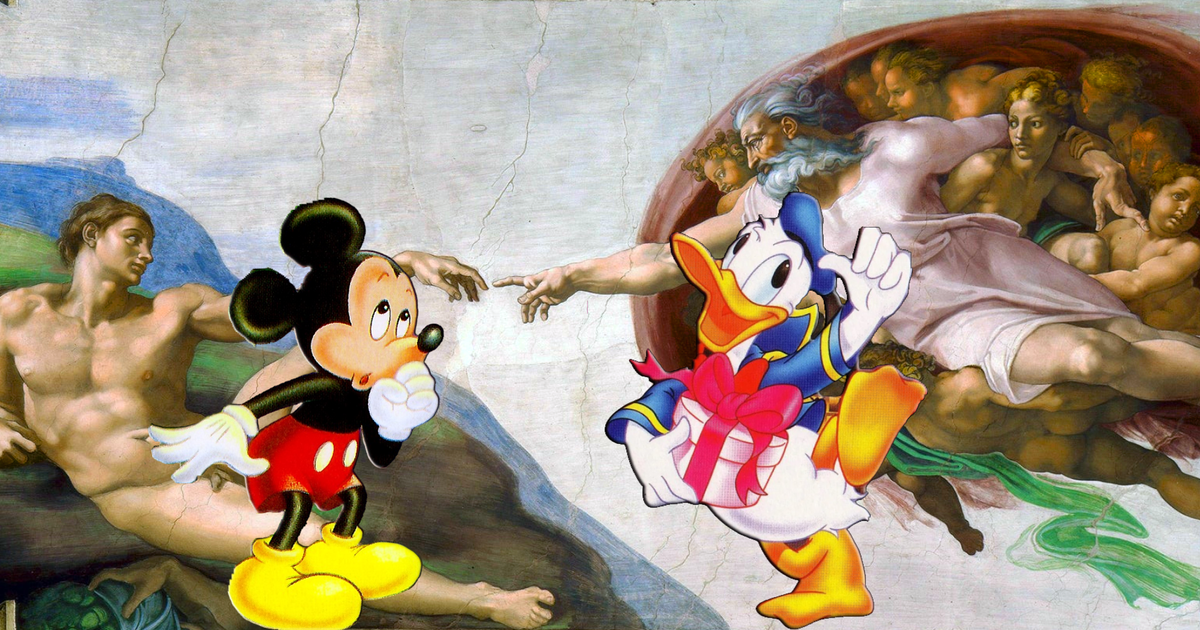 The Disney 16-bit renaissance - Mickey and Donald in front of Michelangelo's Creation of Adam