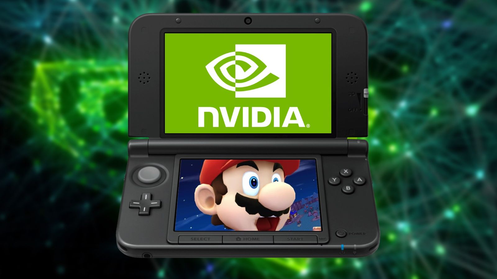 The Nintendo 3DS handheld with an Nvidia Logo and a Shocked Mario on the bottom screen  
