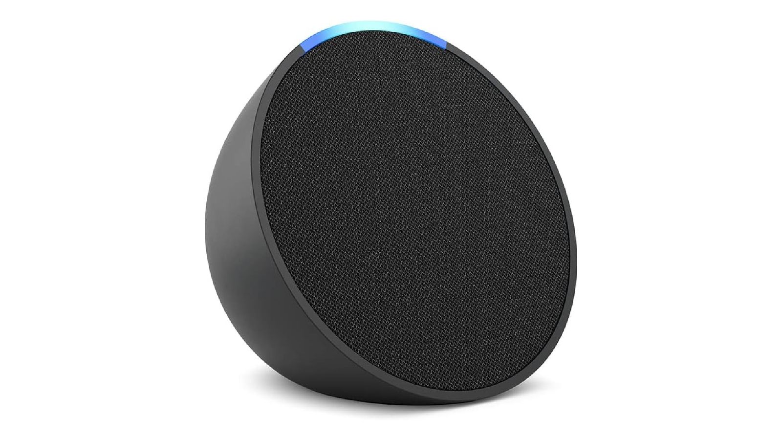 Echo Pop product image of a circular black speaker with a blue light at the top.