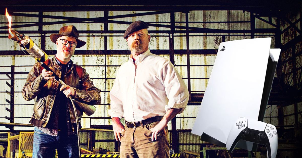 The cast of Mythbusters next to a PlayStation 5