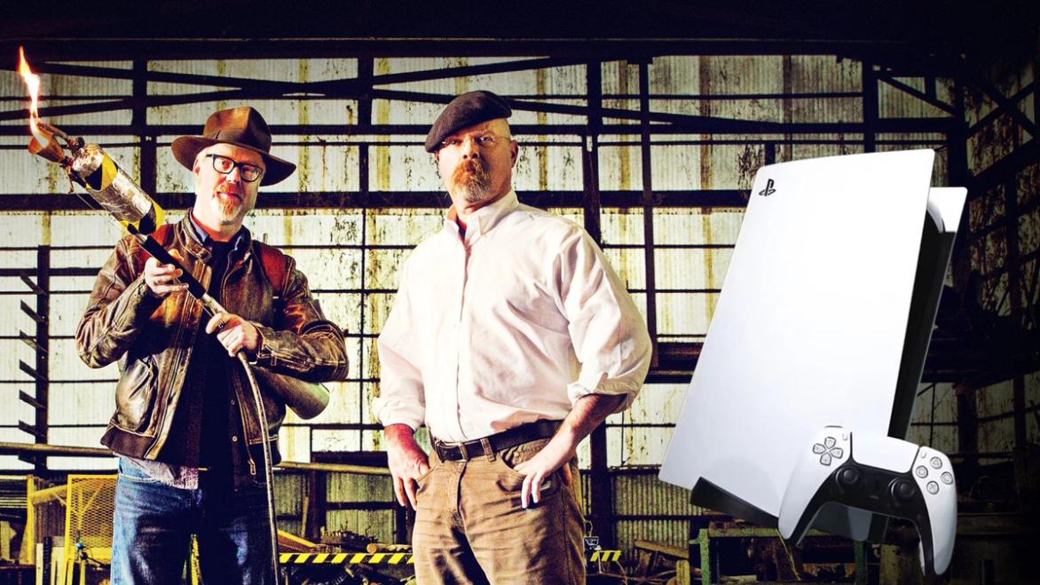 The cast of Mythbusters next to a PlayStation 5