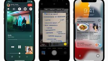 Three iPhones showcasing iOS features from a previous iOS build. One has Apple Music, one has an image of text being captures, and another gives a morning summary.