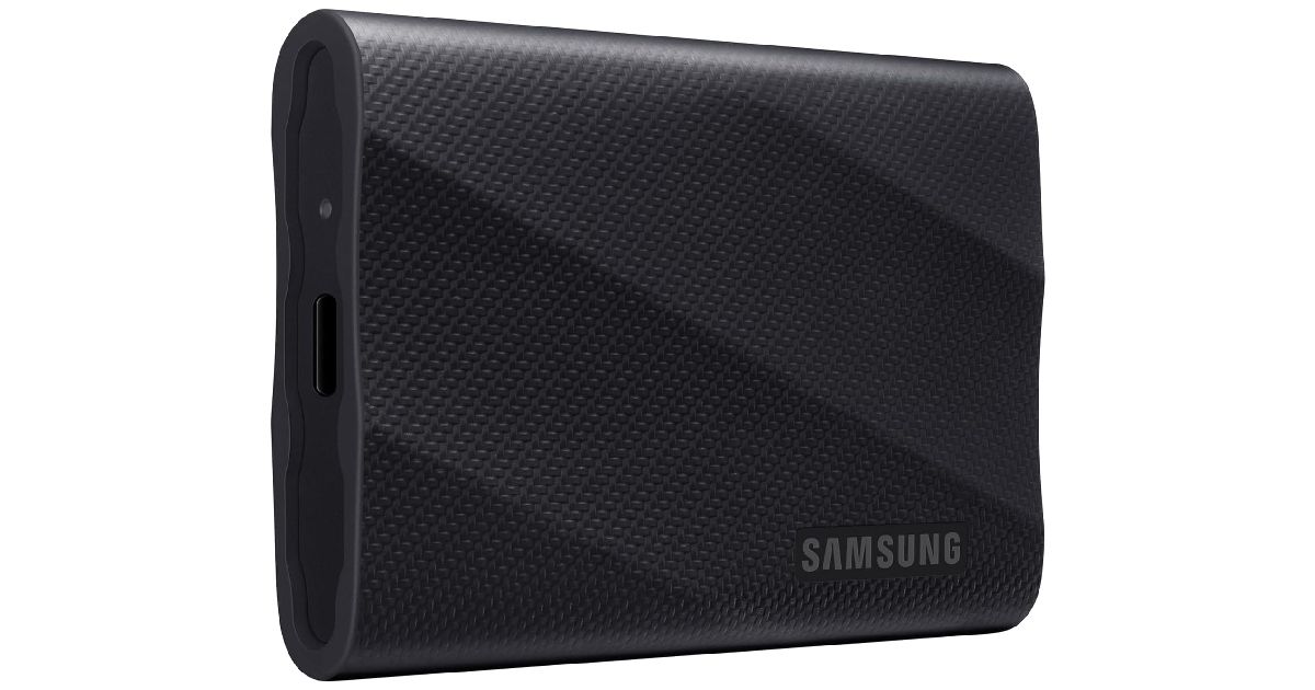 Samsung T9 product image of a black rectangular SSD featuring dark grey Samsung branding in the bottom corner.