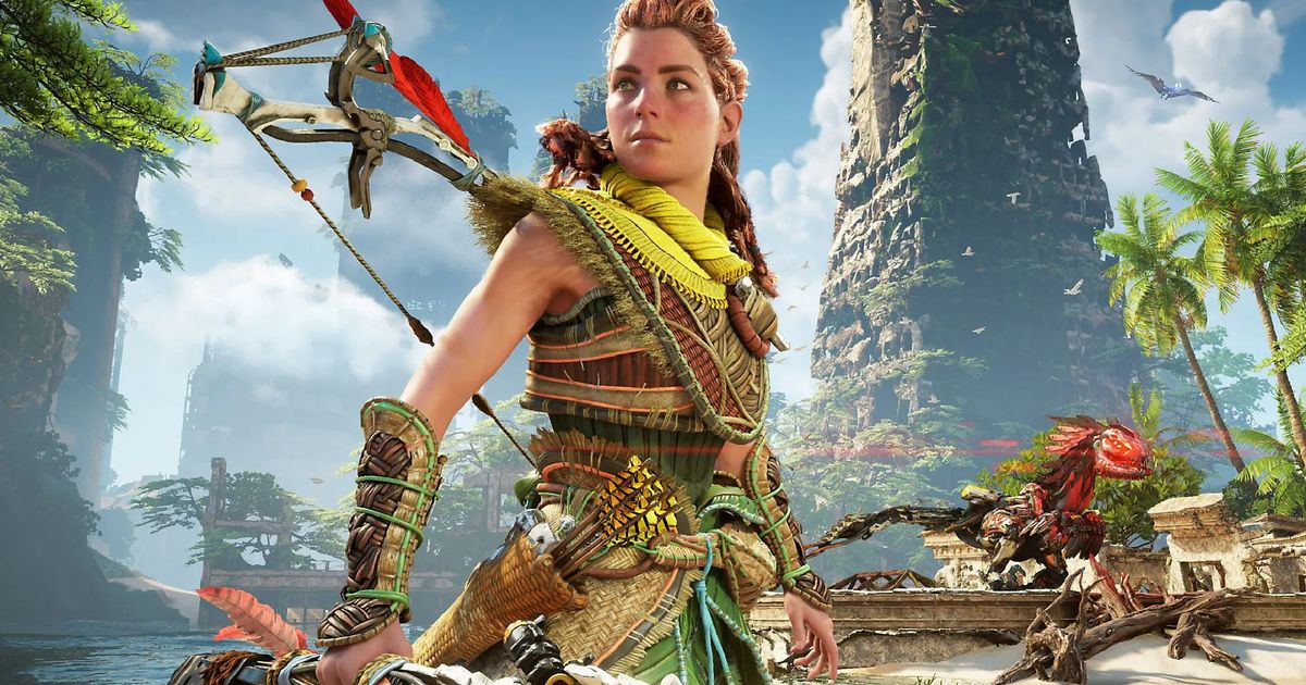 Aloy from Horizon Forbidden West standing central with her bow