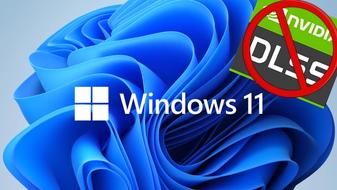 The windows 11 wallpaper with an Nvidia DLSS logo in a crossed out stop sign 