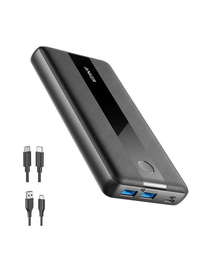Anker PowerCore III product image of a dark grey power bank featuring blue lights around USB slots, and two USB cables.