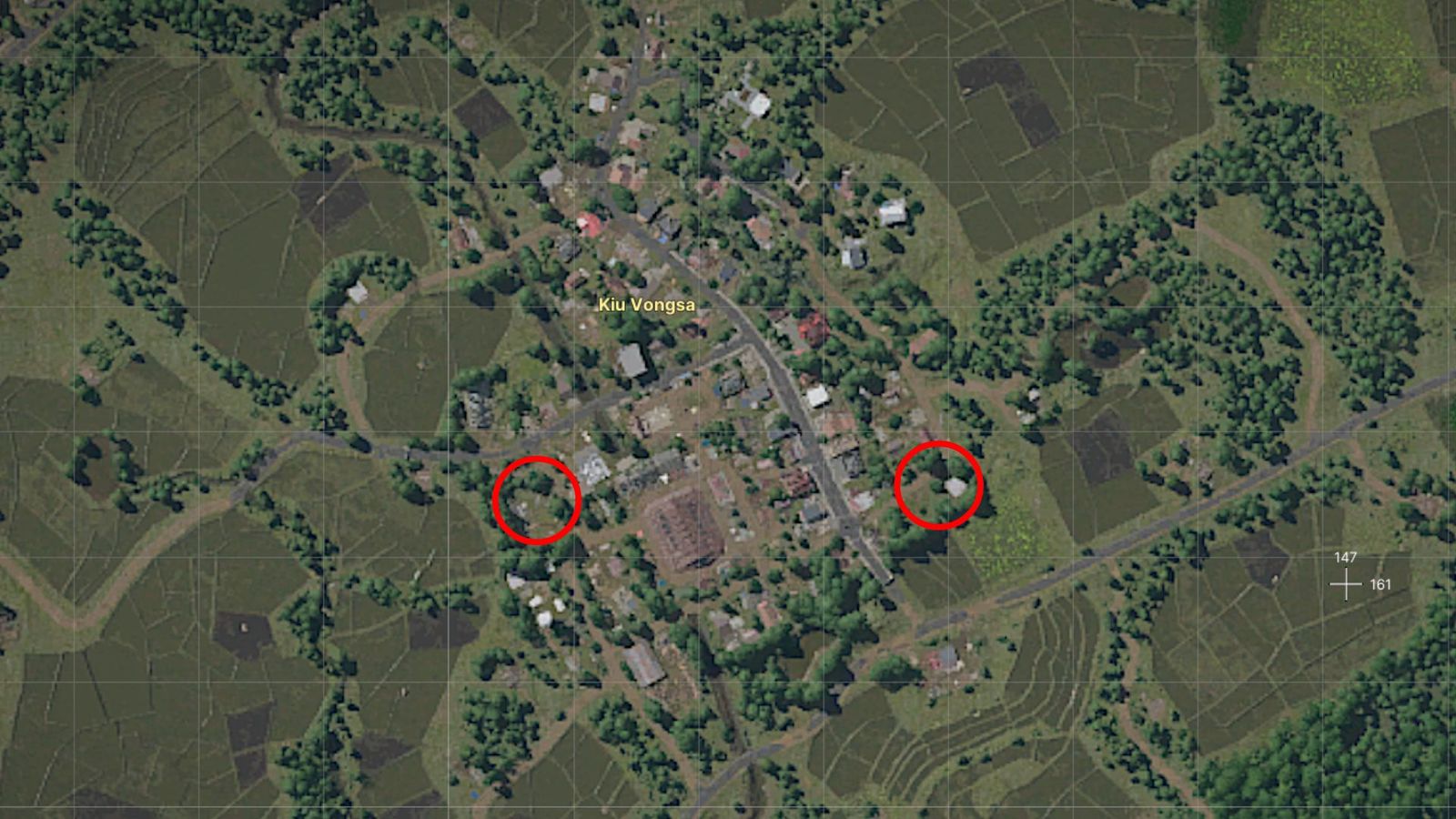 A map with two red circles marking the location of the intelligence needed to complete the Rat's Nest Task for the Crimson Shield.