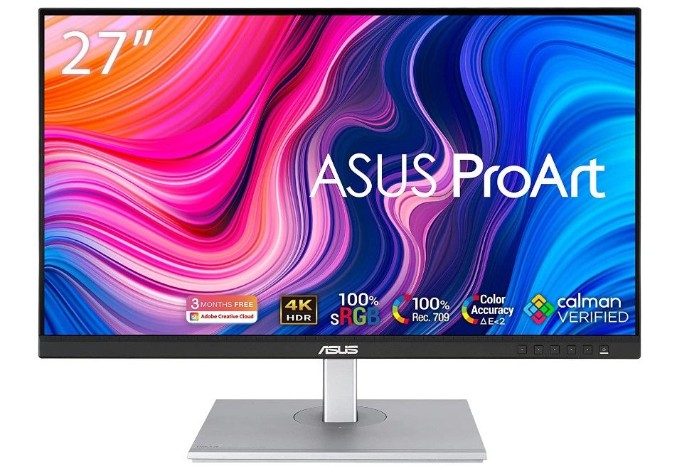 ASUS ProArt Display PA279CV product image of a silver and black monitor with an orange, pink, purple, and blue pattern on the display.