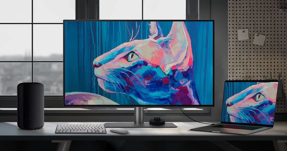 A large grey monitor with a pink and blue cat artwork on the display sat next to a laptop on a desk.