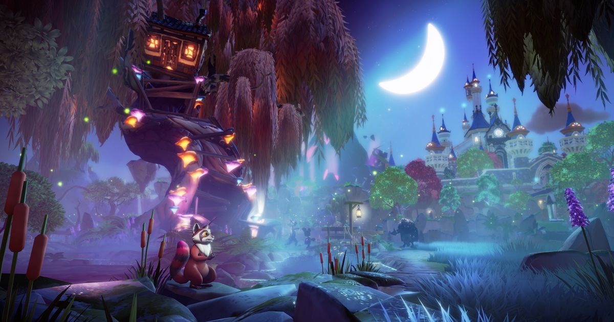 A night scene of a treehouse with a castle in the background - dreamlight valley crash