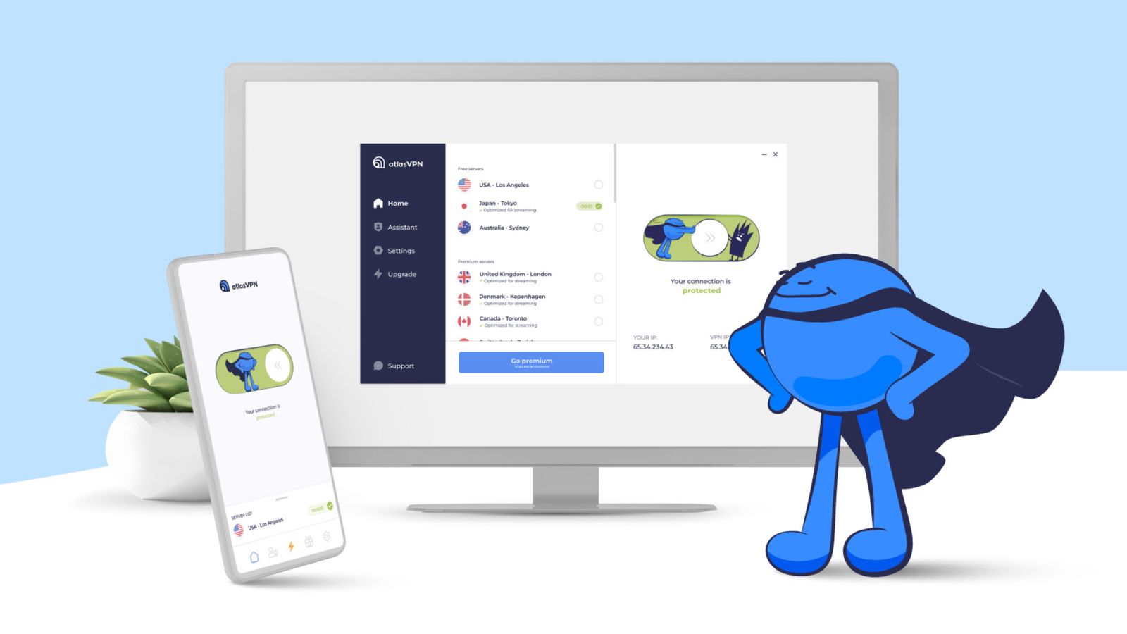 The AtlasVPN blue superhero mascot proudly stands next to a monitor and smartphone with the software open